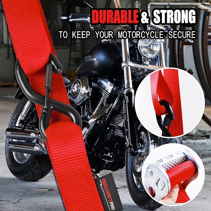 AWELCRAFT Motorcycle Tie Down Straps (2 Pack),3300lb Break Strength,1.5in x 8FT Steel Cambuckle Dirtbike Strap,Integrated Soft Loops & Double S-Hooks with Safety Clips,Lab Tested,Red
