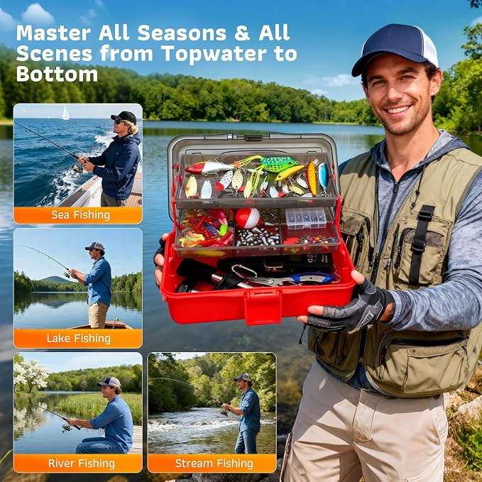 3-Layer Fishing Tackle Box with Tackle Included, 314Pcs Tackle Box Kit with Lures, 5 Tools Pliers, Scale, Lip Gripper, Hook Remover, Lanyard, Gear for Bass, Trout, Pike, Gift for Men