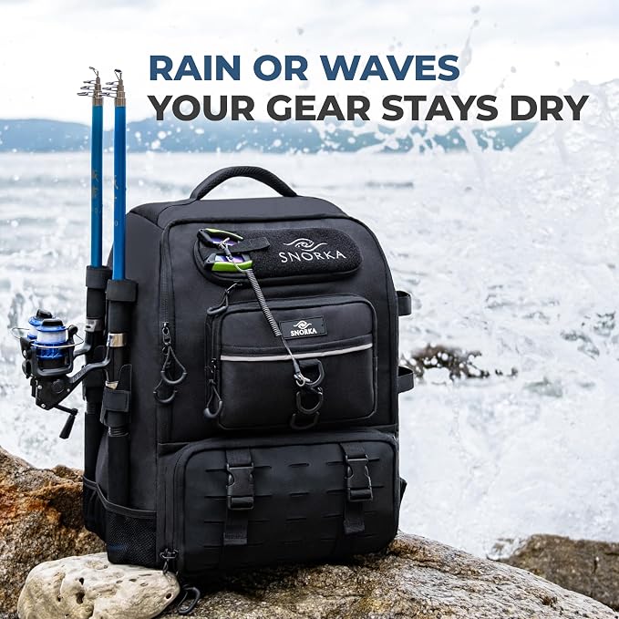 Fishing Backpack with Tackle Boxes and Rod Holders 40L; Plus Rain Cover, Padded Back Support, Insulated Front Pocket for Hot/Cold Lunch, Water Bottle Holder (Tactical Black)