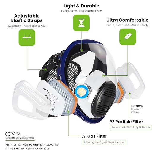 AirGearPro G-750 Full Face Respirator Mask with A1P2 Filter, Anti-Dust | Mask Ideal for Painting, Woodworking, Construction, Sanding, Spraying, DIY etc