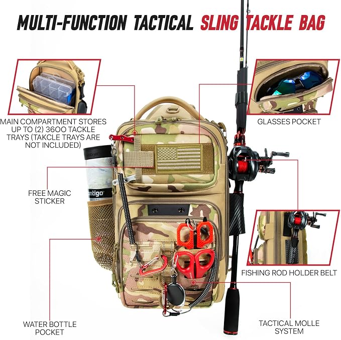 Fishing Sling Bag, Fishing Bag With Rod Holder Fixed Stickers, MOLLE System, Soft Bait & Gear Storage, Gift for Men, Khaki