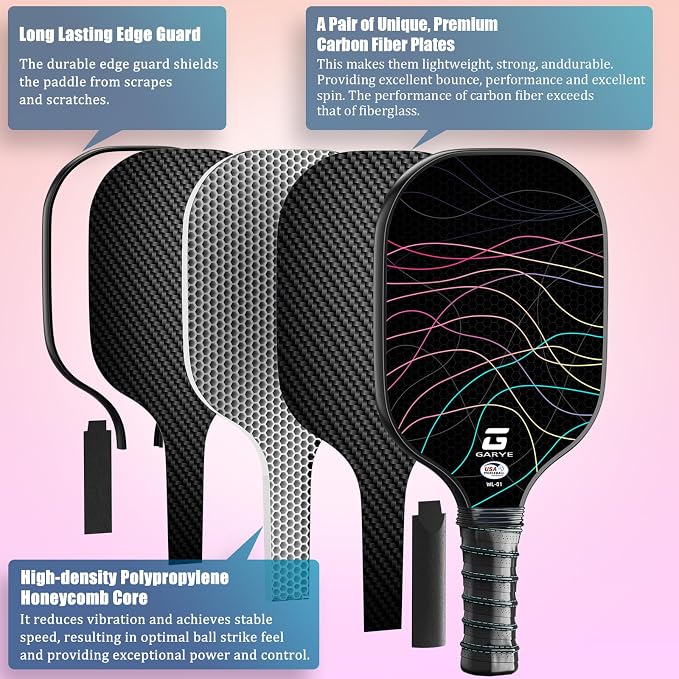 GARYE Pickleball Paddles Set of 2 or 4, USAPA Approved Carbon Fiber Pickleball Set, Lightweight Pickle Ball Rackets 2 Pack with 6 Balls, 1 Bag, Pair of Grip Tapes, Pickle Ball Paddle for Men and Women