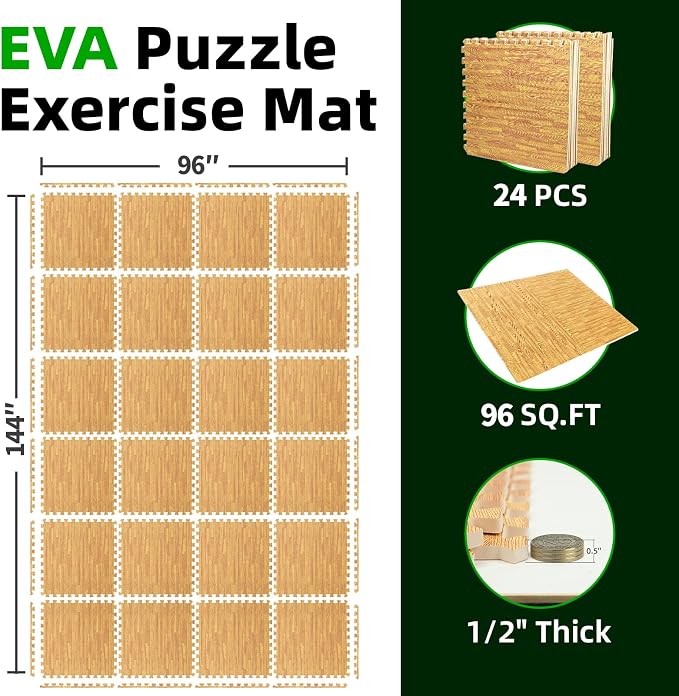 Art3d 24 Pack 24" x 24" EVA Interlocking Exercise Mats, 1/2" Thick Foam Puzzle Flooring for Workout, Gym Equipments, Training Areas, 96 Sq.FT, Teak