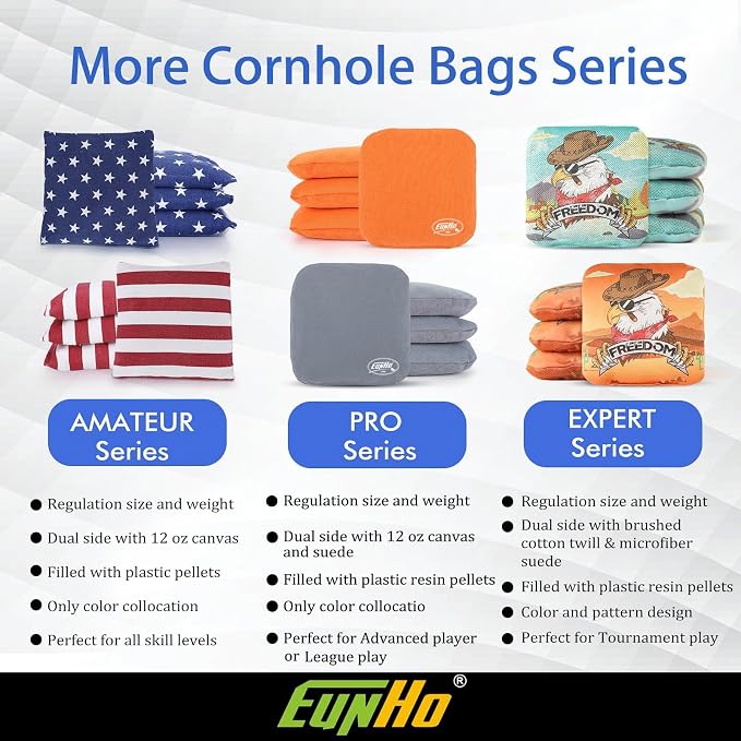 EunHo Regulation Cornhole Bags Set of 8 - Dual Sided Slick and Stick Cornhole Bean Bags for Tossing Game Professional All Weather Pro Corn Hole Bags with Tote Bag