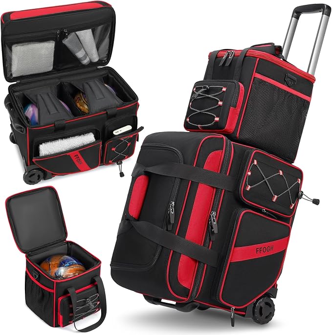 3 Ball Bowling Bag with Wheels, 2+1 Bowling Ball Bags Double Roller with Single Bowling Tote for Accessories, Multi-Pockets & Shoe Compartment (Fits Up to Size 15)