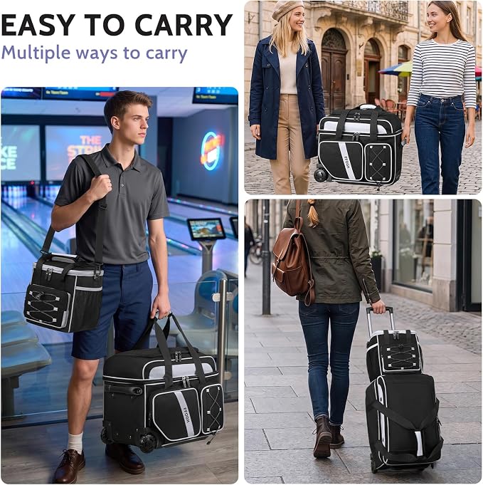 3 Ball Bowling Bag with Wheels, 2+1 Bowling Ball Bags Double Roller with Single Bowling Tote for Accessories, Multi-Pockets & Shoe Compartment (Fits Up to Size 15)