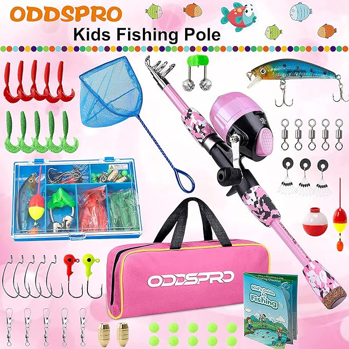 ODDSPRO Kids Fishing Pole - Portable Telescopic Kids Fishing Rod and Reel Combo Kit - with Spincast Fishing Reel Tackle Box for Girls, Youth