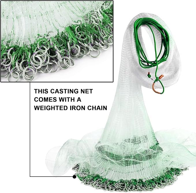 Nylon Multfilament Cast Net, American Style Hand Throwing Fishing Net for Saltwater and Freshwater, 3/8 Inches Mesh