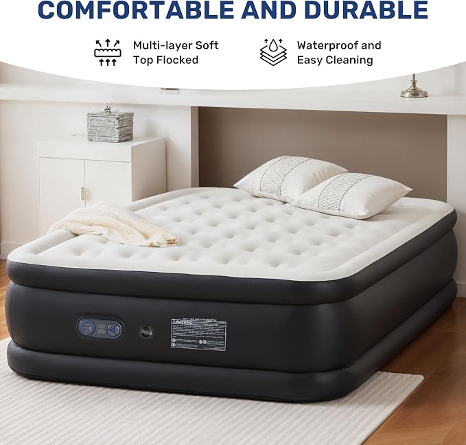 YSSOA Queen Camping Air Mattress with Built-in Electric High-Speed Pump, 16" Bed Height, Comfort Blow Up Inflatable Airbed with Carrying Bag for Travel & Home Guests, Waterproof Foldable Portable
