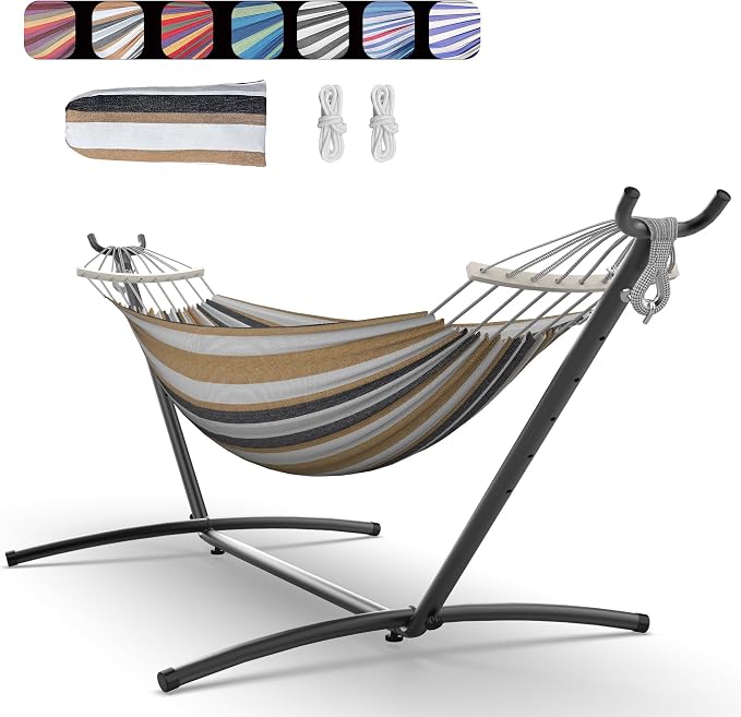 Everyfun Double Hammock with Space-Saving Steel Stand, 2 Person Heavy-Duty Hammock for Garden, Yard or Outdoor, 600lbs Capacity, Coffee
