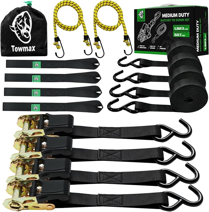 Ratchet Straps Medium Duty 4 Pack -1 Inch x 15 Feet (1,823LB Break Strength)- Motorcycle Tie Down Straps -Soft Loops with Bungee Cords- Ratchet Tie Down Set for Powersports, Motorcycle or Moving Cargo