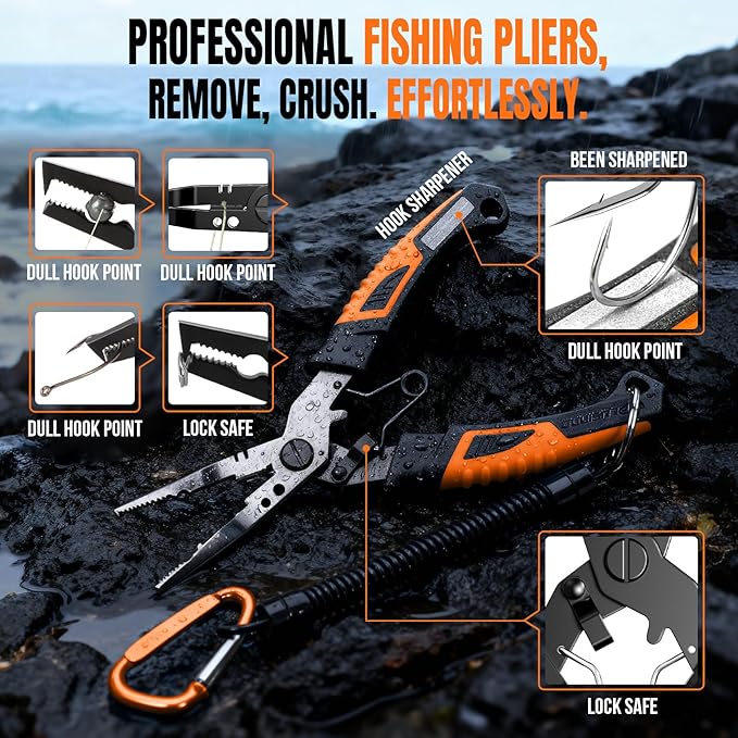 PLUSINNO Fishing Gear, Fishing Tools Kit, 7pcs Fishing Accessories, Corrosion Resistant Fishing Pliers, Fish Knife, Fish Lip Gripper, Fishing Gifts for Men