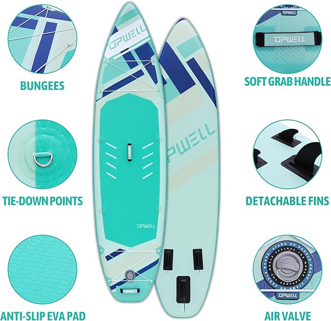 UPWELL 11’6”/11'2”/11'/10'8”/10'6”/10'2” Inflatable Stand Up Paddle Board with sup Accessories Including Backpack, Repairing Kits, Non-Slip Deck, Leash, 3 Fins, Paddle and Hand Pump