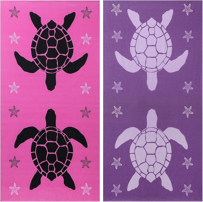 Jessy Home 4 Pcs Microfiber Beach Towel 40x70in, Sand-Free Quick-Dry Towel Set with Starfish & Sea Turtle Prints, Ultra Soft Absorbent Towel for Swimming, Beachwear & Pool Use