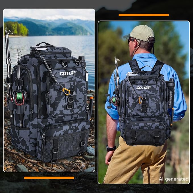 Goture 40L Large Camouflage Fishing Backpack, 900D Tear-Resistant Tackle Bag with Cooler & Rain Cover & 3600 Trays, Freshwater Saltwater