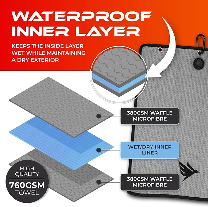 SWIFTEE Ultimate 4-in-1 Premium Golf Towel with Built-in Brush, Magnet, Ball Marker & Carabiner - 760GSM Microfibre Waffle Towel with Inner Wet Dry Liner (Grey)