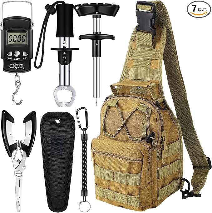 Hungdao 7 Pcs Fishing Backpack with Fishing Tool Kit Fish Gear Pliers Equipment Include Hook Remover Backpack Pliers Kit Scale Gripper Weigh Separator Fish Gifts for Men Women