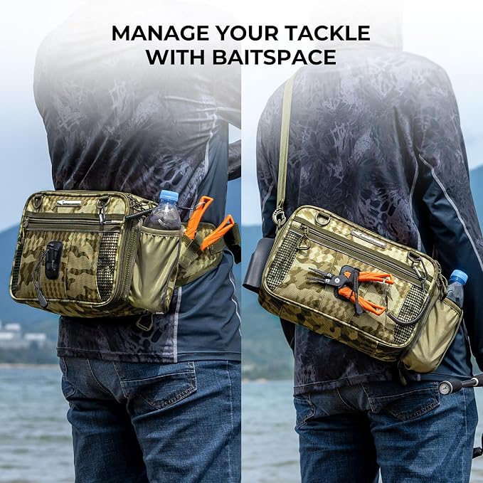 KastKing BaitSpace Waist Bag – Waterproof Tackle Storage Bag With Adjustable Belt, Fishing Fanny Pack for Men, Soft Bait Organizer, 3600 Utility Box, Rod Holder, Nylon
