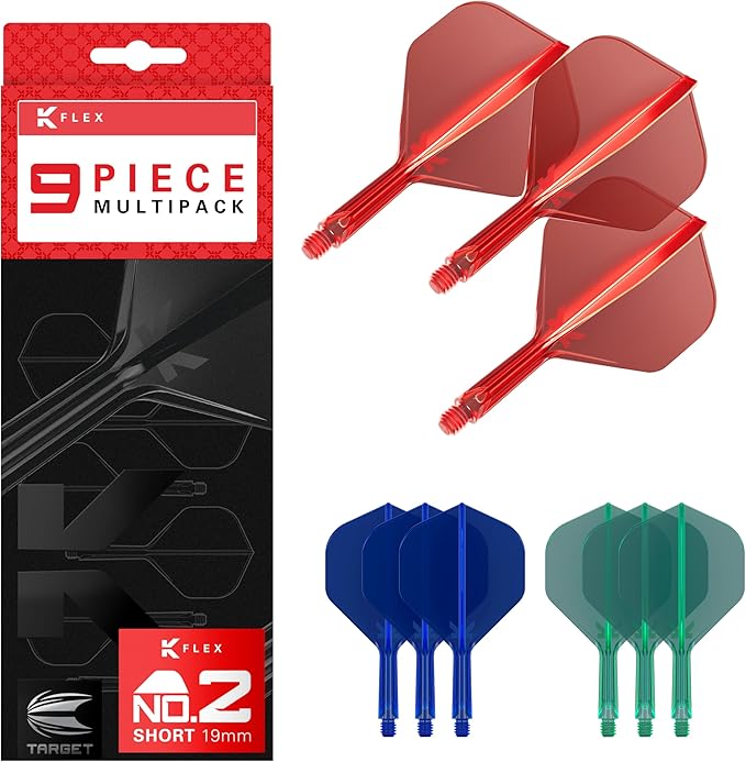 Target Darts K-Flex Integrated Dart Flights and Shafts, Kflex 9 Pack Bundle, Multipack - K Flex 3 Colours | Black, White, Clear, Red, Green, Blue, Pink, Orange, Yellow | Short, Intermediate, Medium