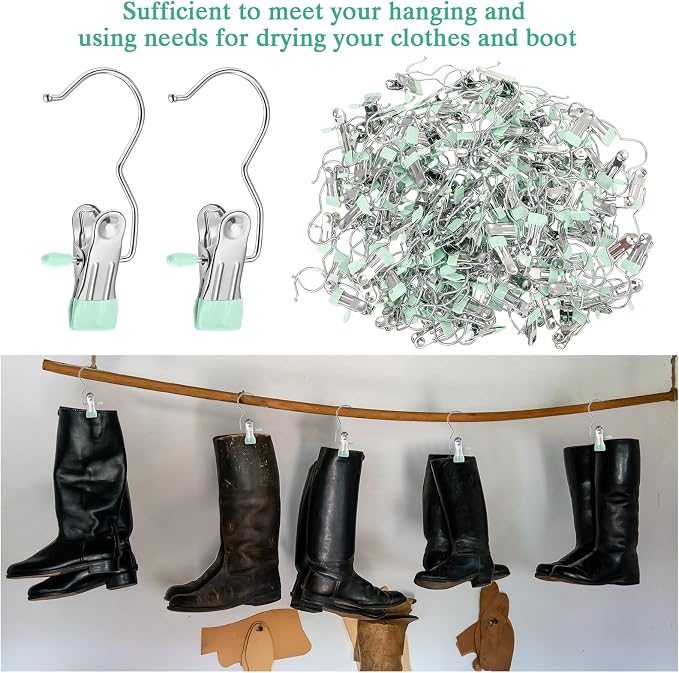 Yinder 150 Pcs Boot Hangers Clips Laundry Hooks Hanging Stainless Steel Clothes Pins Portable Clip Hangers for Closet Travel Socks Pants Handbags Hats Towels (Light Green)