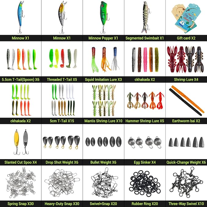 4 Layers Fishing Tackle Box, 605Pcs Fishing Gear Kit with Lures, Small Tool Kit Containing Gripper, Hook Remover, Plier, Accessories, Greeting Cards, Complete Fishing Box for Beginners, Adults