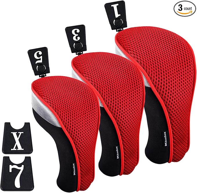 Andux 3pcs/Set Golf 460cc Driver Fairway Wood Club Head Covers | with interchangeable NO. Tags | Mesh Breathable material | Short Neck | Coloured Piping | Pull-On Closure