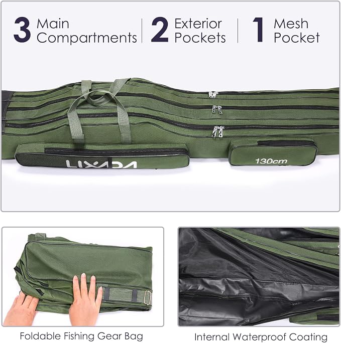 Lixada Fishing Rod Case, 3 Layers Oxford Fishing Rod Bag, Portable Foldable Fishing Pole Bag, Fishing Rod Carrier Fishing Tackle Storage Bag Travel Carry for Fishing Gear & Equipment