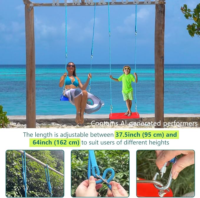Adjustable Tree Swing Rope (2 Pack) Tree Swing Straps - Suitable for Outdoor Swings, Hammocks, and Amusement Parks Rope Extensions - Length 5.9 FT (71") (Blue)