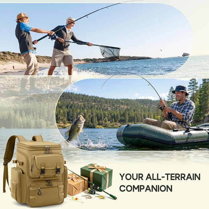 RAINSMORE Fishing Backpack, 45L Large Fishing Bag with 4 Rod Holders & Insulated Cooler Professional Fishing Tackle Backpack with Rain Cover Waterproof Tackle Bag for Men Gift, Khaki