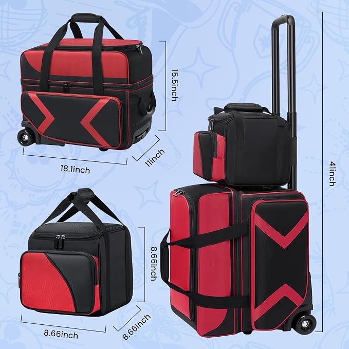 3 Ball Bowling Bag with Wheels, Rolling Bowling Bag 3 Ball Roller with Multi-pocket & Shoe Compartment (Up To US Men Size 16), 2 Ball Bowling Roller Bag PLUS 1 Ball Tote