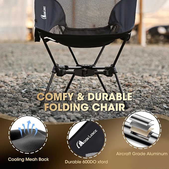 MOON LENCE Portable Camping Chair，Lightweight Backpacking Hiking Chairs,Compact,Foldable,with Anti-Sinking Large Feet for Beach,330 lbs Capacity (Black, Plus)