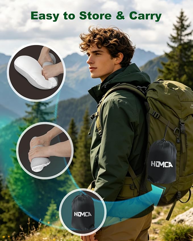HOMCA Memory Foam Camping Pillow，Small Travel Pillow for Camping, Backing Hiking & Car, Portable Ergonomic Pillow with Removable Pillow(White)