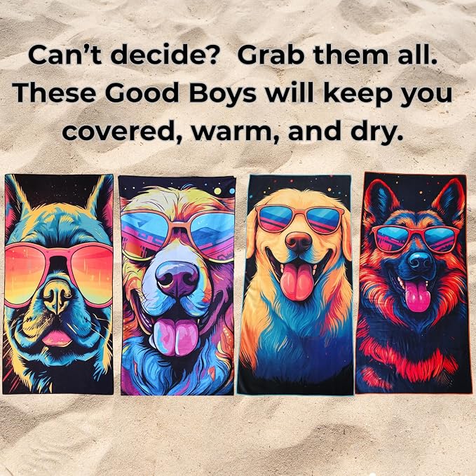 Microfiber Funny Happy Dog in Sunglasses Colorful Beach Towel for Women, Girls, Kids, Men, Plush Beach Towel, Quick Dry Pool Towel Super Soft, Oversized 31x62 Inches