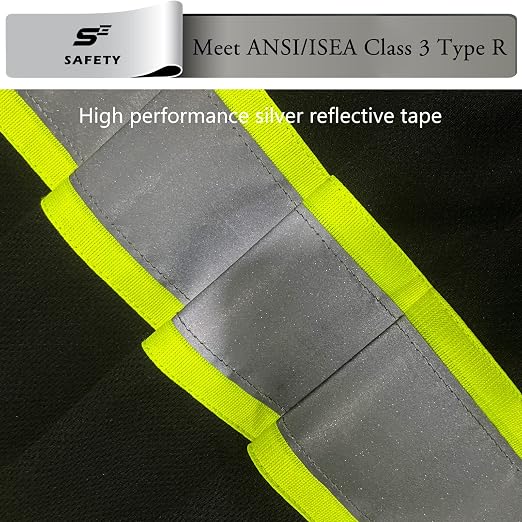 sesafety High Visibility Shirts for Mens Class 3 Hi Vis Reflective Construction Shirts for Men with Pocket Safety T Shirts for Men Work Shirt for Mens Short Sleeve Black Yellow Strips 5XL