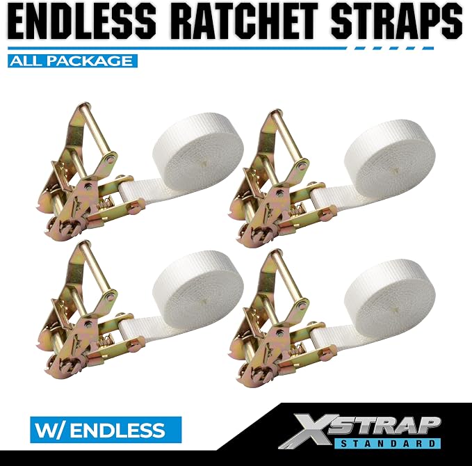 XSTRAP STANDARD 4PK 1" Endless Ratchet Straps - 2500lbs Breaking Strength Heavy Duty White Tent Securing Straps, Track Spring Fittings, 10ft Tie Downs for Tents/Trailers/Kayaks