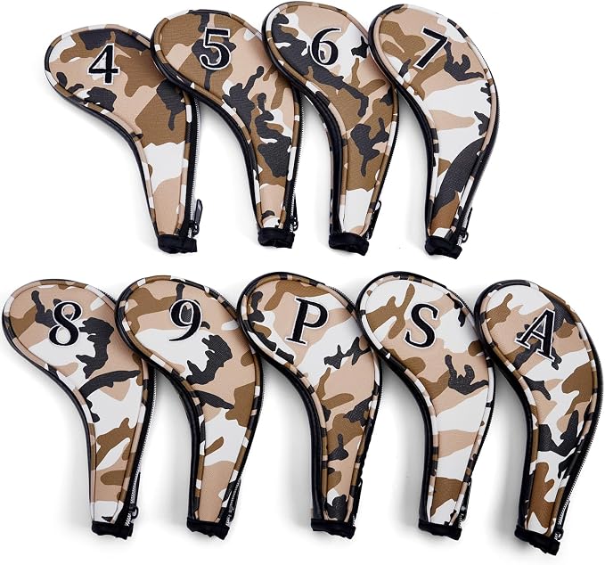 Golf Club Camo Zipper Iron Head Covers 9Pcs/Set With No. on Both Sides PU Leather Headcovers (Blue/Brown)