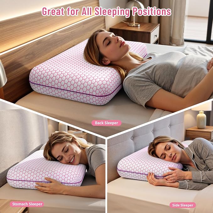 CushyOasis Memory Foam Pillows for Side, Back and Stomach Sleepers, Set of 2, Bed Pillow with Washable Cover and Breathable Mesh, Bed Pillow for Sleeping (Pink，Standard Size)