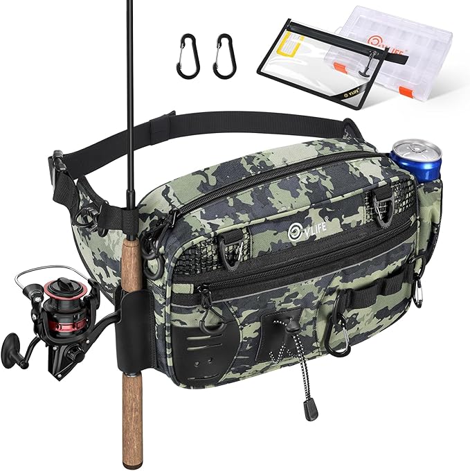 CVLIFE Fishing Tackle Bag Waist Pack with Rod Holder, Waterproof Fanny Pack | 900D Fabric, Convertible Carry, Detachable Shoulder Strap, Landing Net Holster, 3600 Tackle Box, Waterproof Pouch, Carabiners