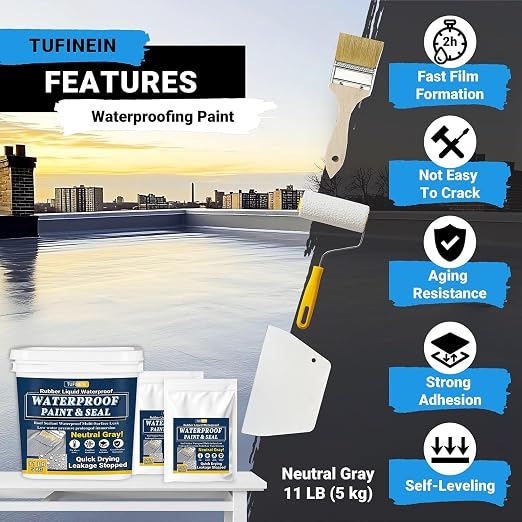 Rubber Liquid Waterproof Sealant, TUFINEIN 11 LB/5 KG Neutral Gray Quick Drying Multi Surface Foundation Leak Repair - Roof Gutters Basement Sealer Waterproof - Indoor & Outdoor Flexible Rubber Paint