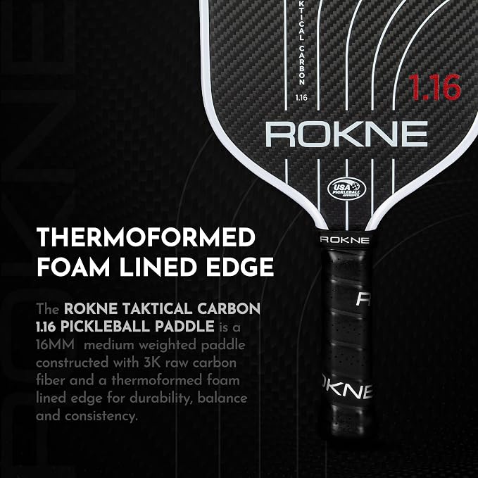 ROKNE Taktical Carbon Series, Pickleball Paddle, 3K Raw Carbon Fiber, Thermoformed Foam Lined Edge, 13MM or 16MM, USAPA Approved Pickleball Racket, High Grit Texture, Max Spin