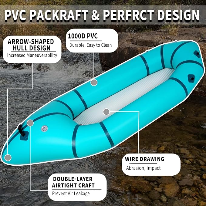 PVC Packrafts,1 Person Packraft for Flat Water Rafting Camping Trip/Fishing/Water Adventures, Travel Kayak with Two-Way Manual Pump, 300lb Weight Capacity
