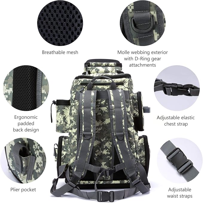 BASSDASH Fishing Tackle Backpack Water Resistant Tactical Bag Soft Tackle Box with Rod Holder and Protective Rain Cover
