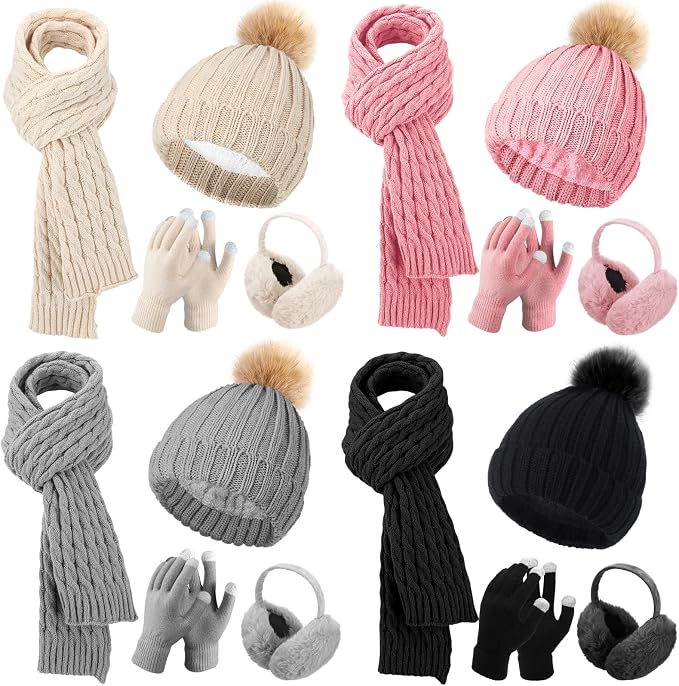 16 Pcs Women Hat Scarf Gloves Ear Muffs Set Winter Knitted Pom Beanie Hats Scarf Touch Screen Gloves for Men Adult Homeless