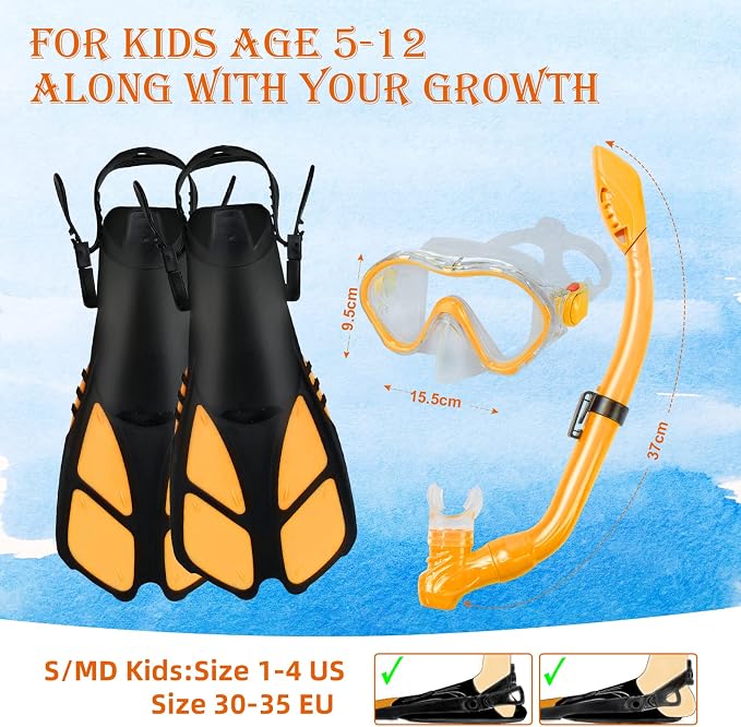 Kids Snorkeling Set - Adjustable Flippers + Panoramic Snorkel Mask + Dry Snorkel Tube + Travel Bags - Suitable for Kids & Juniors, Age 5-14