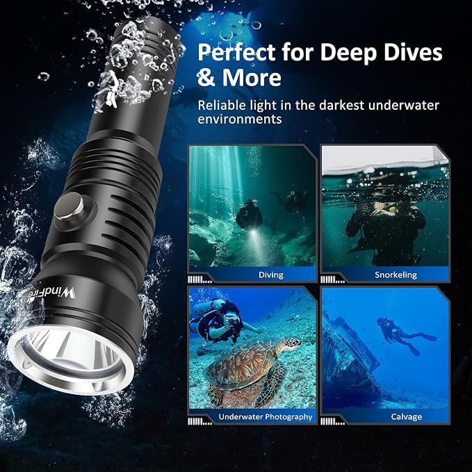 WINDFIRE Dive Light Scuba Diving Flashlight, IPX8 Waterproof 210 Feet Underwater Flashlight with Power Indicator & 4 Modes, Aluminum Submersible Torch for Deep Sea Diving and Snorkeling