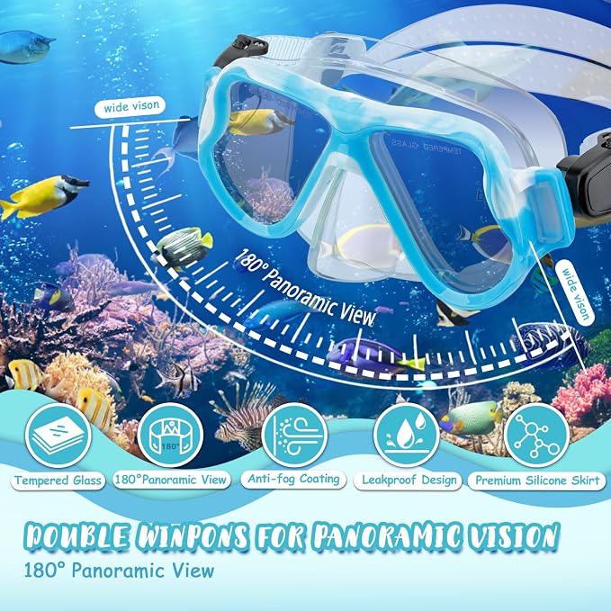 Snorkeling Gear for Kids, 4 in 1 Child Mask Fins Snorkel Set with Panoramic View Anti Fog Mask, Dry Top Snorkel, Trek Fins and Travel Bag, Kids Snorkeling Set with Fins for Snorkeling Swimming