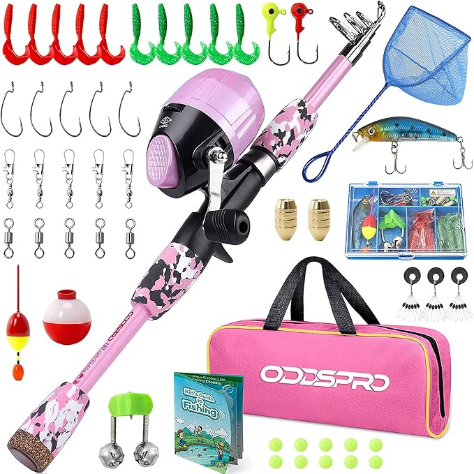ODDSPRO Kids Fishing Pole - Portable Telescopic Kids Fishing Rod and Reel Combo Kit - with Spincast Fishing Reel Tackle Box for Girls, Youth