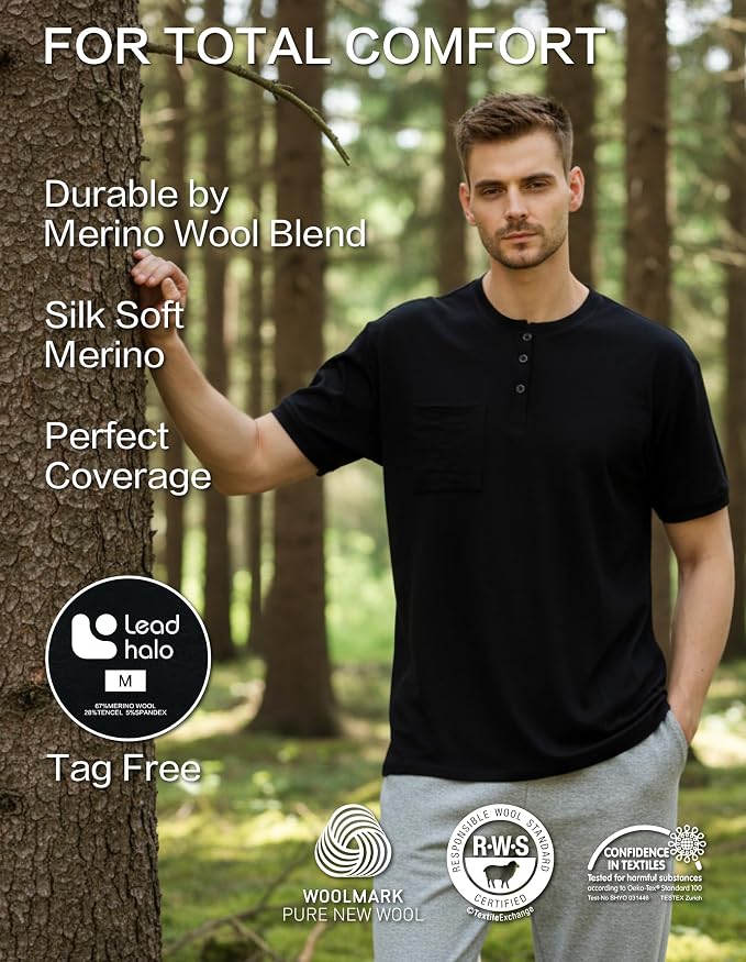 Merino Wool Crewneck T Shirts for Men for Athletic Running Workout, Lightweight Mens Moisture Wicking Shirts