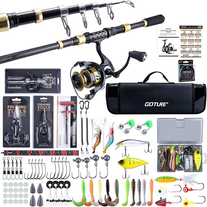 Goture Telescopic Fishing Rod and Reel Combo with Carrier Bag,1.8M-2.7M | Carbon Fiber Pole,5.2:1 Spinning Reel,Line,Pliers,Fish Gripper,Scissors,Lures Set, for Starter Travel Saltwater Freshwater