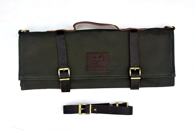 EVERPRIDE Stunning Waxed Canvas Roll Bag in Rich Dark Green w Genuine Leather Trim. Handsome Professional Chef Knife Roll Bag with upto 14" Knives and Storage Compartments A Super Gift